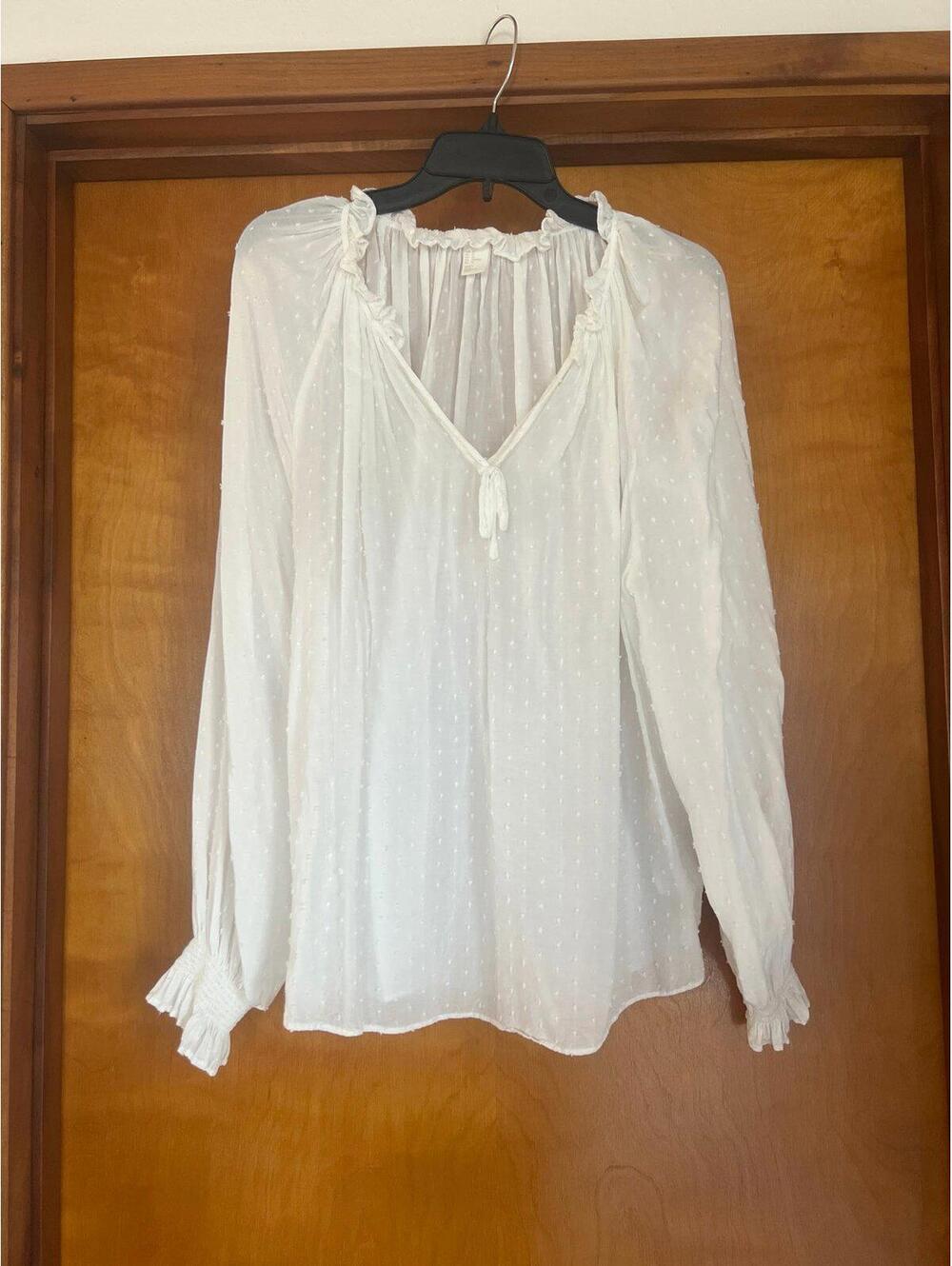 White Long Sleeve Sheer Blouse with Ruffled Neck and Cuffs, Size 10